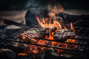 Sizzling Steak, a Mouth-Watering Charcoal Grill Experience. Mix Grill Scene. Ai generated