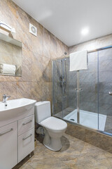 Bathroom in a small family hotel with shower, toilet and sink