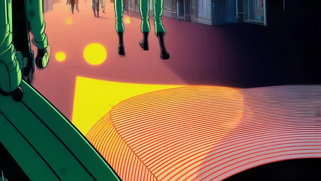 Generative AI animation of psychedelic sketch cartoon astronaut in the city. Crazy colorful background.