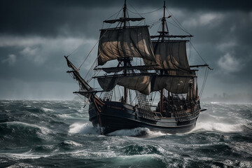 Obraz premium The Black Pirate Ship sailing on a stormy sea, representing adventure, danger and excitement on the high seas. Ai generated