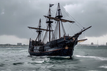 The Black Pirate Ship sailing on a stormy sea, representing adventure, danger and excitement on the high seas. Ai generated