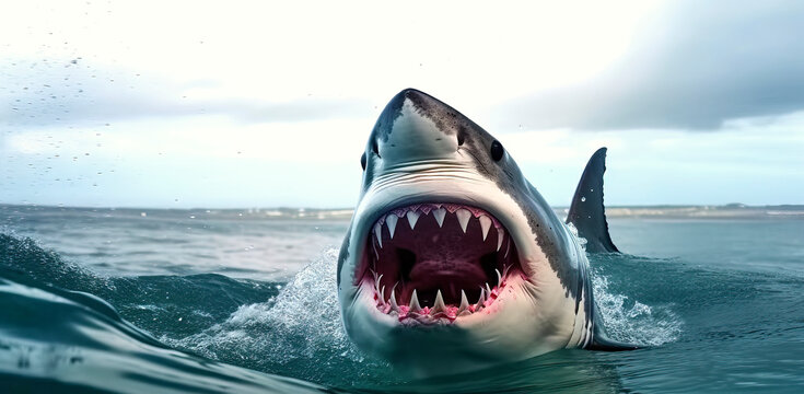 Head of a great white shark on the surface of the sea, opening its mouth wide and showing its fearsome teeth, made with generative ai
