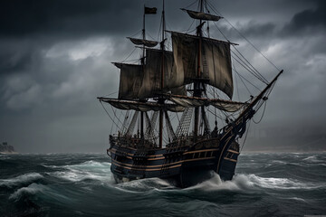 The Black Pirate Ship sailing on a stormy sea, representing adventure, danger and excitement on the high seas. Ai generated