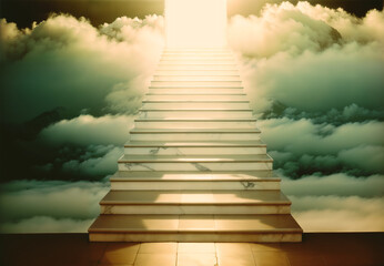 Stairway to heaven. Glowing door on top end of the stairway. Generative AI