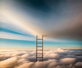 Stairway to heaven. Skyline with clouds and wooden ladder. Business and career growth concept. Generative AI