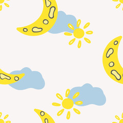 Seamless childish pattern with sun, moon, clouds and star
