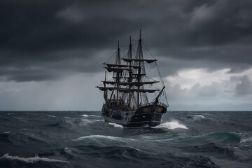Fototapeta premium The Black Pirate Ship sailing on a stormy sea, representing adventure, danger and excitement on the high seas. Ai generated