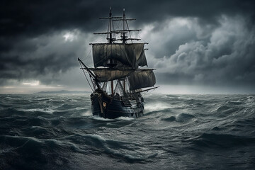Fototapeta premium The Black Pirate Ship sailing on a stormy sea, representing adventure, danger and excitement on the high seas. Ai generated
