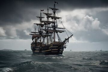 Obraz premium The Black Pirate Ship sailing on a stormy sea, representing adventure, danger and excitement on the high seas. Ai generated