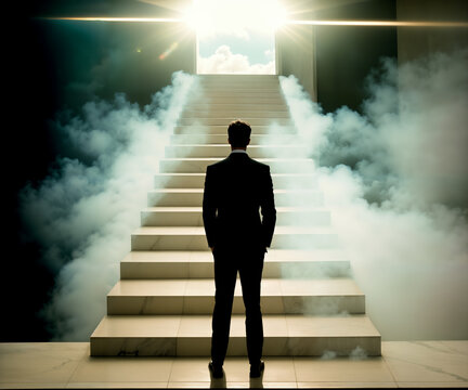 Businessman standing next to stairway to heaven. Door on top end of stair. Sky with beautiful dramatic clouds. Business and career growth concept. Generative AI