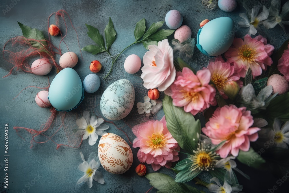 Poster spring-themed table setting with flowers and easter eggs. generative ai