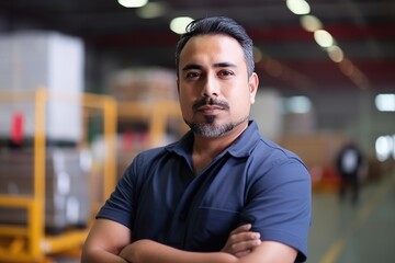 Obraz premium Hispanic factory worker with safety gear and space for text. Generative AI