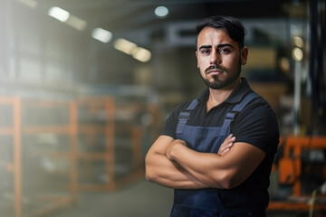 Fototapeta premium Hispanic factory worker with safety gear and space for text. Generative AI