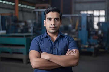 Obraz premium Hispanic factory worker with safety gear and space for text. Generative AI