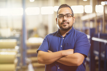 Obraz premium Hispanic factory worker with safety gear and space for text. Generative AI