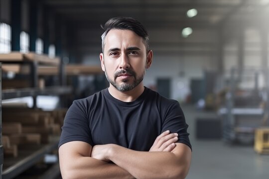 Hispanic factory worker with safety gear and space for text. Generative AI