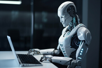 Obraz na płótnie Canvas Futuristic humanoid robot, sitting in front of a laptop and texting, representing the concept of artificial intelligence and advanced technology.Ai generated