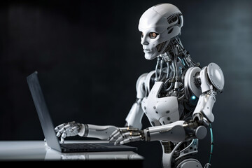 Fototapeta premium Futuristic humanoid robot, sitting in front of a laptop and texting, representing the concept of artificial intelligence and advanced technology.Ai generated