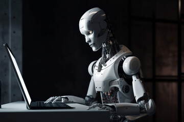 Futuristic humanoid robot, sitting in front of a laptop and texting, representing the concept of artificial intelligence and advanced technology.Ai generated