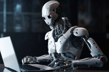 Futuristic humanoid robot, sitting in front of a laptop and texting, representing the concept of artificial intelligence and advanced technology.Ai generated