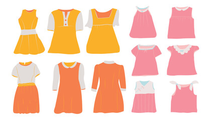 Set of different stylish dresses. Dresses for kids and women.