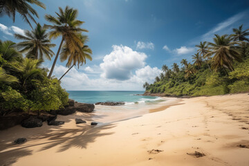 Obraz na płótnie Canvas An idyllic beach and ocean landscape on a tropical island with palm trees and coconut trees with sunlight, generative AI