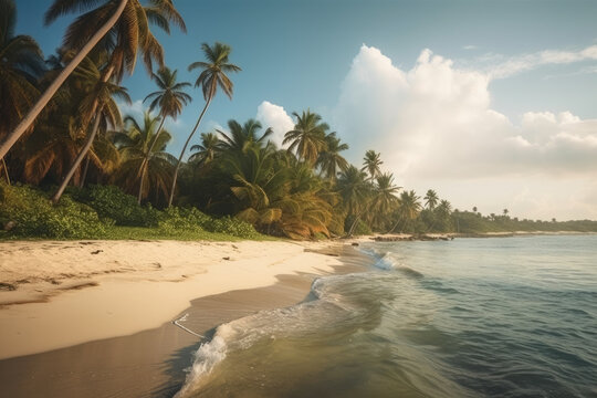 An idyllic beach and ocean landscape on a tropical island with palm trees and coconut trees with sunlight, generative AI