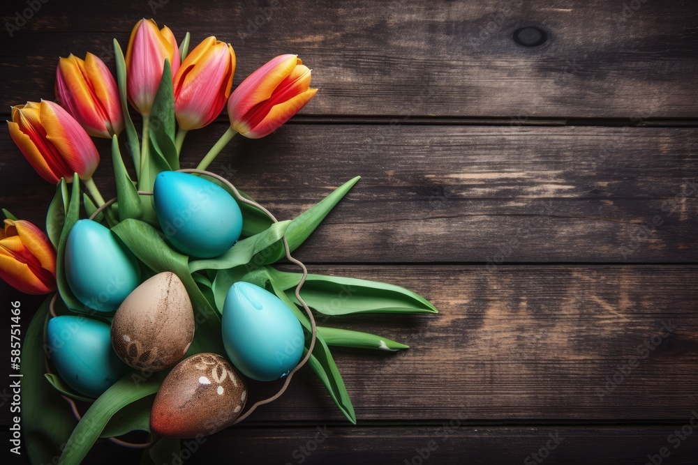 Poster spring-themed table setting with tulips and eggs on a rustic wooden table. generative ai