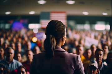 Politic woman girl candidate speaks stage rostrum, agitating to vote for team, crowd voters backdrop United States of America flags. Election campaign ahead elections authorities. Generative AI - obrazy, fototapety, plakaty