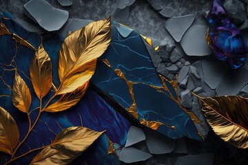 a blue and gold background with leaves and rocks, generative AI