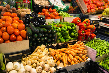 Fruits and vegetables stall in La Boqueria, the most famous market in Barcelona. One of the oldest markets in Europe that still exist. Established 1217. High quality photo
