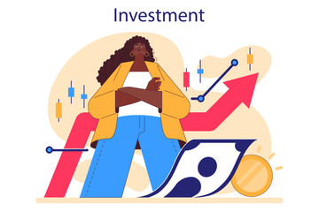Investment and finance growth. Young female character investing