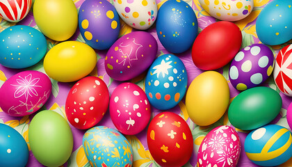 Fototapeta na wymiar Artwork of Festive postcard bright colored Easter eggs. Happy Easter postcard . Generative AI 