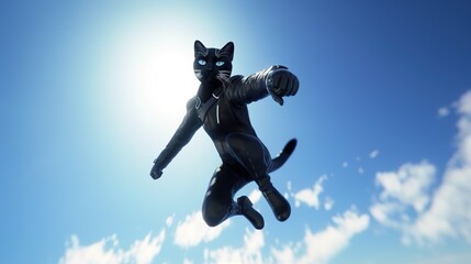Fototapeta na wymiar A cat in a black suit flies through the blue sky.