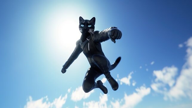 A cat in a black suit flies through the blue sky.