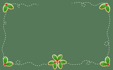 クリスマス☆ミシン目入りイラスト素材 柊アイシングクッキーのフレーム グリーン背景 色違い・差分有