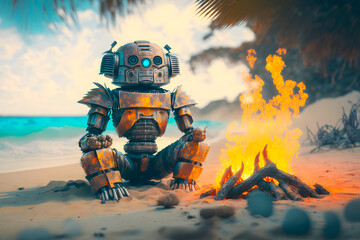 Alone robotic humanoid harnesses are warming themselves by a fire on a desert island. The concept of survival of technology in difficult conditions, natural selection. Generative AI