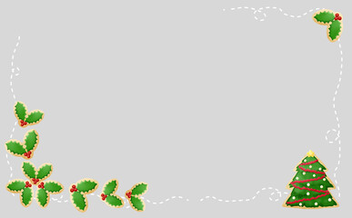 クリスマス☆イラスト素材 柊とツリーとのアイシングクッキー・ミシン目入り グレー背景 色違い・差分有