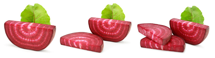 sliced beetroot with green leaf isolated on white background. clipping path