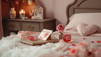 Romantic cozy hotel room with precious details. Valentine's day concept