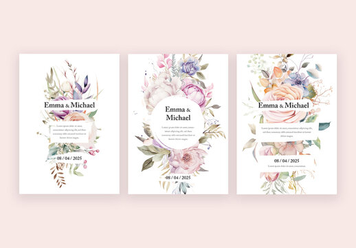 Wedding Invitation Layouts With Watercolor Floral Elements Made With Generative AI
