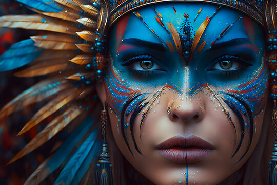 Woman in traditional indian face painting and headdress. Generative AI