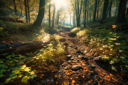 A sun-dappled forest trail, with dappled sunlight filtering through the leaves, and the gentle crunch of fallen leaves underfoot