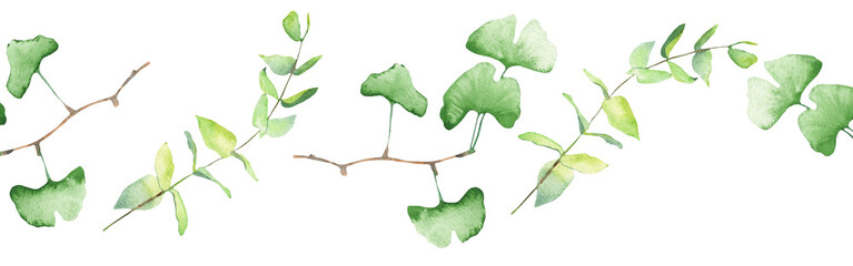 Watercolor frame - illustration with green leaves and branches and golden elements, for wedding stationery, congratulations, wallpapers and more on white bacground.