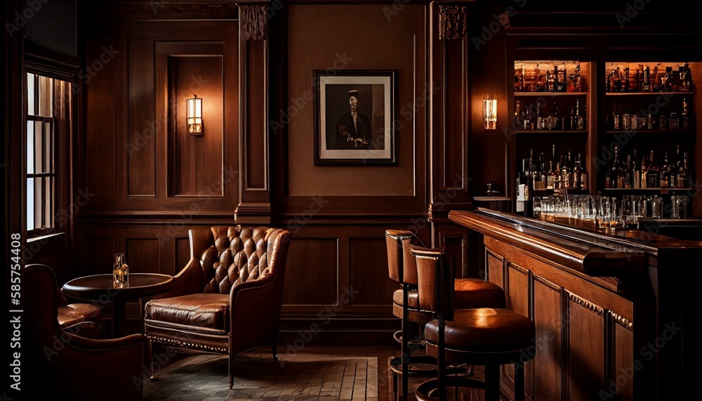 Wall mural a sophisticated whiskey bar with leather armchairs, dark wood paneling, and a marble-topped bar.