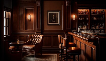 A sophisticated whiskey bar with leather armchairs, dark wood paneling, and a marble-topped bar." Generative AI