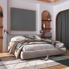 Classic wooden bedroom with master bed, parquet floor, niches and carpet in white and gray tones. Arched door with curtains and shelves. Farmhouse interior design