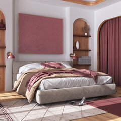 Classic wooden bedroom with master bed, parquet floor, niches and carpet in white and red tones. Arched door with curtains and shelves. Farmhouse interior design
