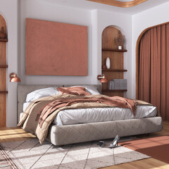Classic wooden bedroom with master bed, parquet floor, niches and carpet in white and orange tones. Arched door with curtains and shelves. Farmhouse interior design