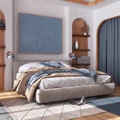 Classic wooden bedroom with master bed, parquet floor, niches and carpet in white and blue tones. Arched door with curtains and shelves. Farmhouse interior design
